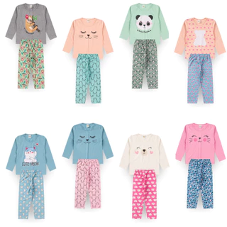 Kit Sortido 4 Peças Pijama Comprido Infantil Menina - 2 Camisas + 2 Calças Kit com 2 Pijamas de Roupa Infantil Menina Feminino Inverno do 2 ao 10 Estampadas
