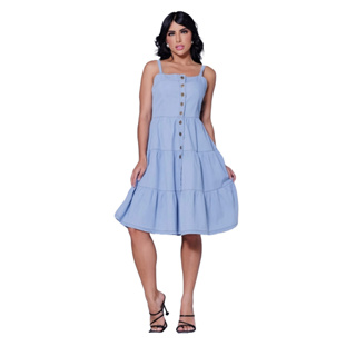 Vestido Jeans Midi Alça Rodado Moda Feminina Leve Verão