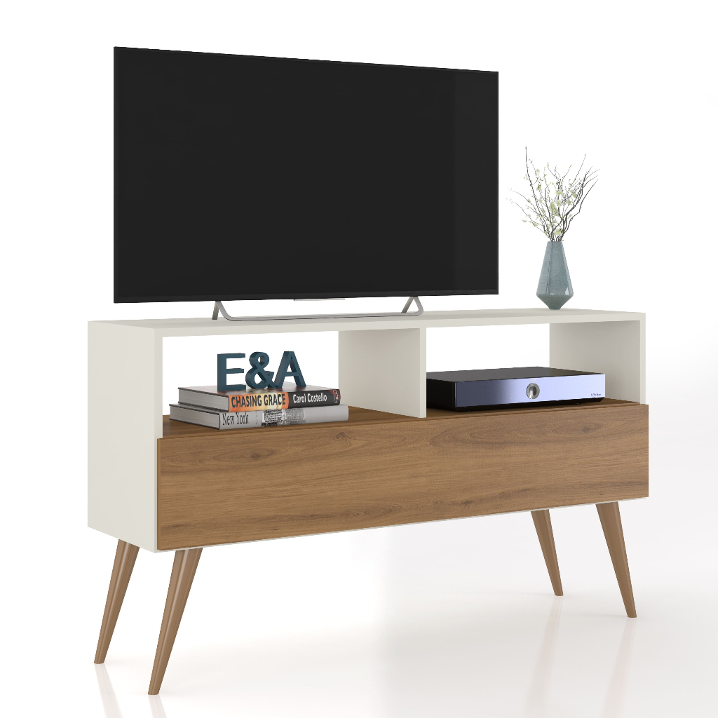Rack Bancada E&A Tv 43 Pol. Sala Com Pes Retro 1 Gaveteiro Moderno - Cores