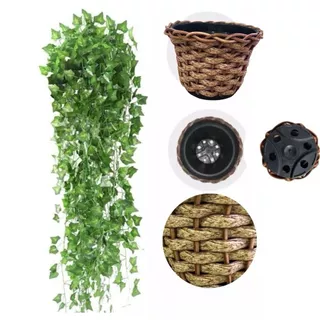 Planta Artificial Decorativa Pendente com 2 Trepadeira Folhas de Hera + Vaso Trançado Marrom