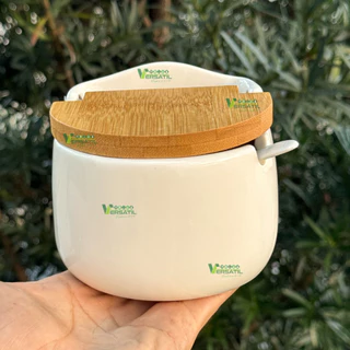 Saleiro Porta Sal Saleira de Mesa em Cerâmica com Tampa de Bambu Colher Bianco Lyor Branco 10x9,5x9,5cm Bianco