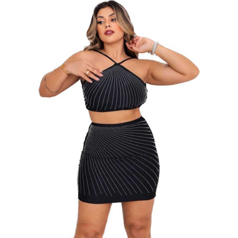 Conjunto de cropped e saia pedrarias luxo festa balada colado com ...