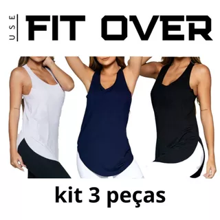 Kit 3 camisetas fitness básica tapa bumbum branca + azul + preta academia - crossfit - fit over