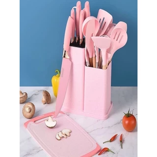 Kit Completo Jogo Utensílios de Cozinha Luxo 19 Peças Com Tábua em Silicone Espátula Faca Tesoura