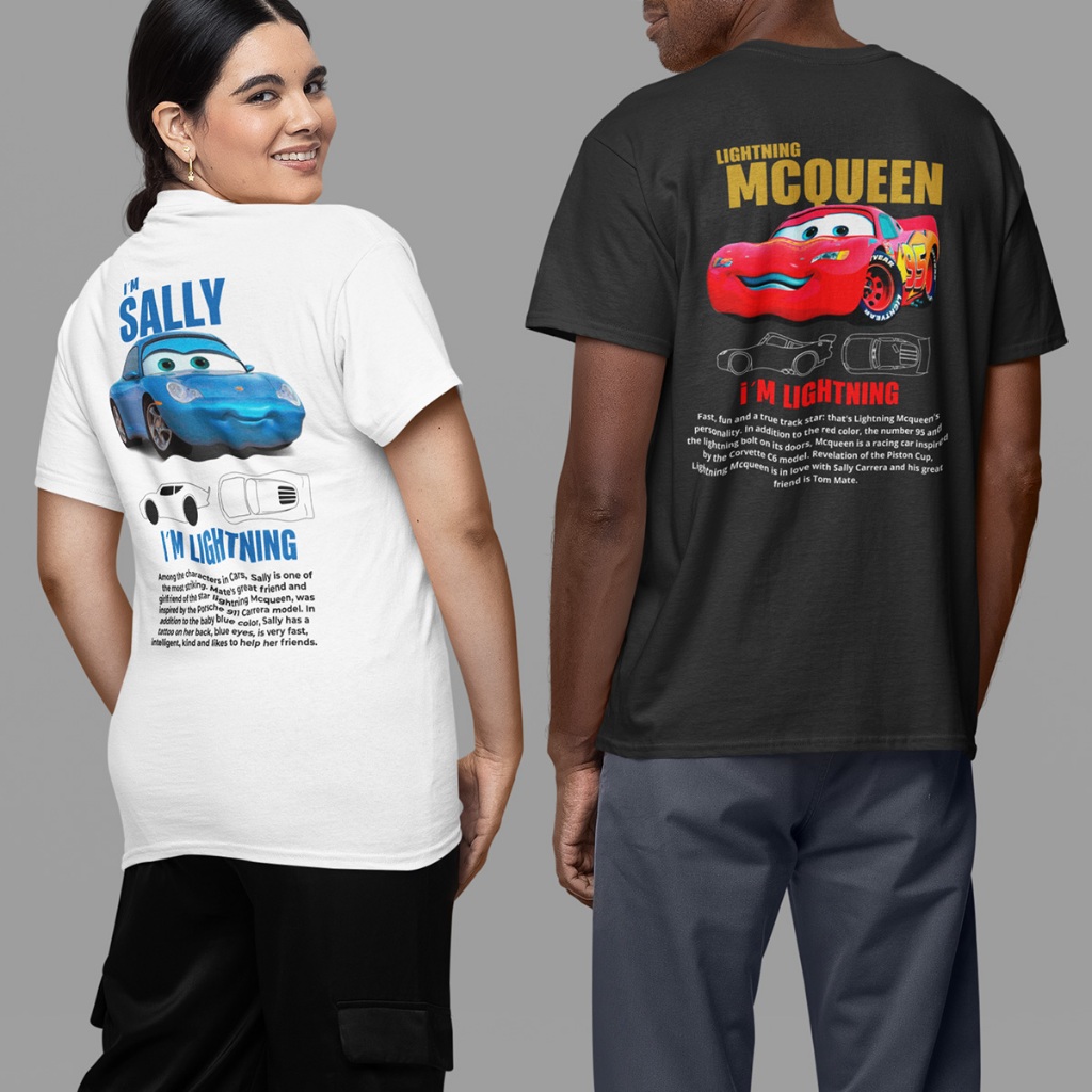 Kit casal camisetas Mcqueen e Sally 100% algodão