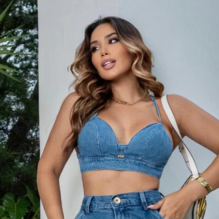 Cropped Top Jeans medio Feminino Sem Bojo Ajustável Blogueira