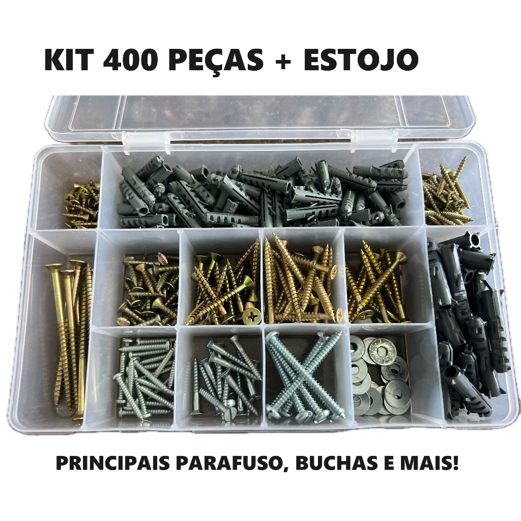 Kit 400 Parafusos Chipboard Philips, Fenda, Arruela, Buchas + Estojo Organizador