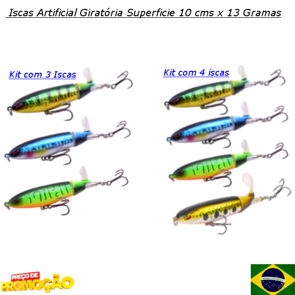 Kit Iscas Artificial Superfície Hélice Giratória 10 Cms x 13 Gramas,Muito Atrativas