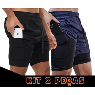 Kit 2 Short Academia DryFit Short 2 em 1 Bermuda Academia Masculina Treino Elastano