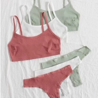Conjunto de Lingerie Canelado Top + Calcinha de Algodão sem Bojo Várias Cores