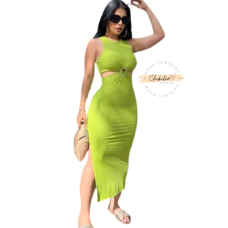 Vestido Midi Feminino Canelado Sem Manga Com Detalhe na Cintura Moda Gringa Verão