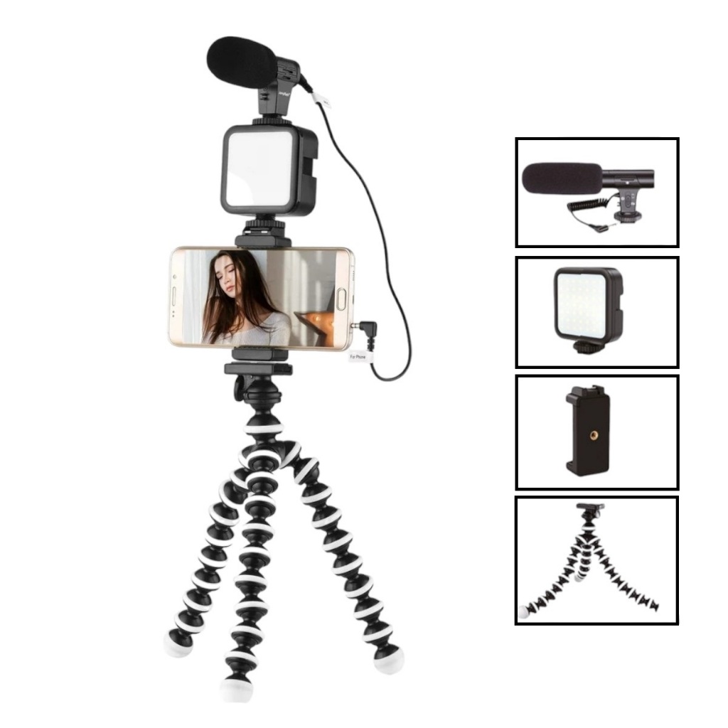 Kit Youtuber Vlog Live Tripé Gorila Flexível Suporte Celular Câmera Iluminação de Led e Microfone