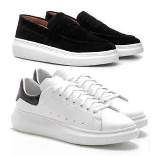 2 Tenis Sneakers Masculinos Loafer Casual All White e Black Branco Sola Alta em Couro