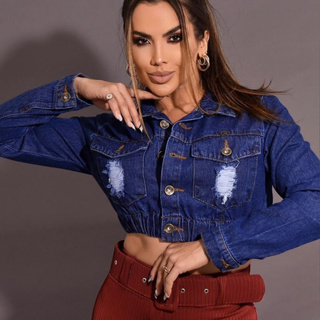 Jaqueta cropped jeans bomber feminina com detalhes destoyed