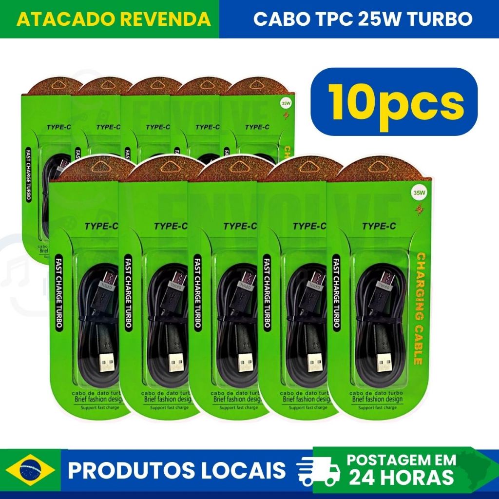 Kit Com 10 Cabo Usb 25w Turbo Compatível V8 Type C iPhone