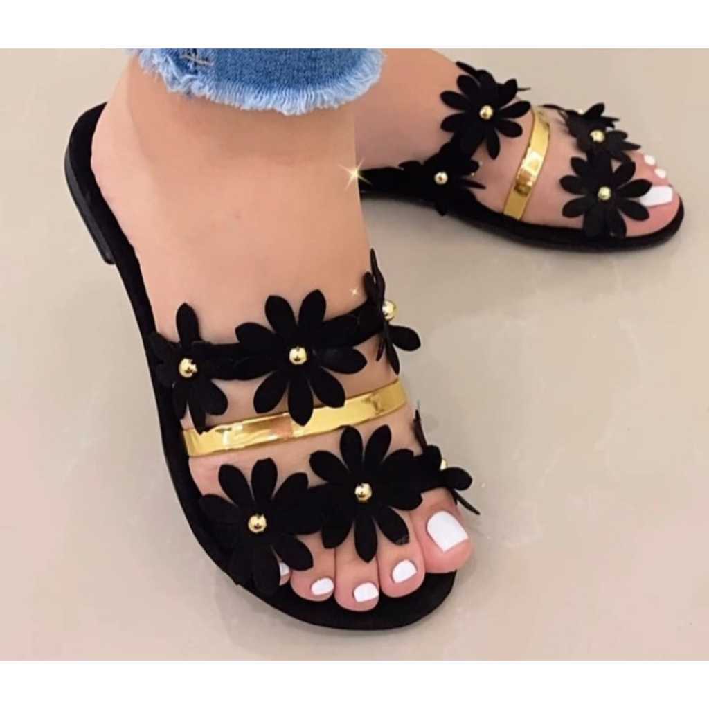 Sandália rasteira feminina floral dourada flat flores