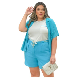 Short Feminino Linho Alfaiataria Forrado Botão e Zíper na Frente Plus Size