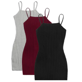 Kit C/3 Vestido Alcinha Midi Canelado Preto/Bordô/Cinza - Envio Direto da Fabrica