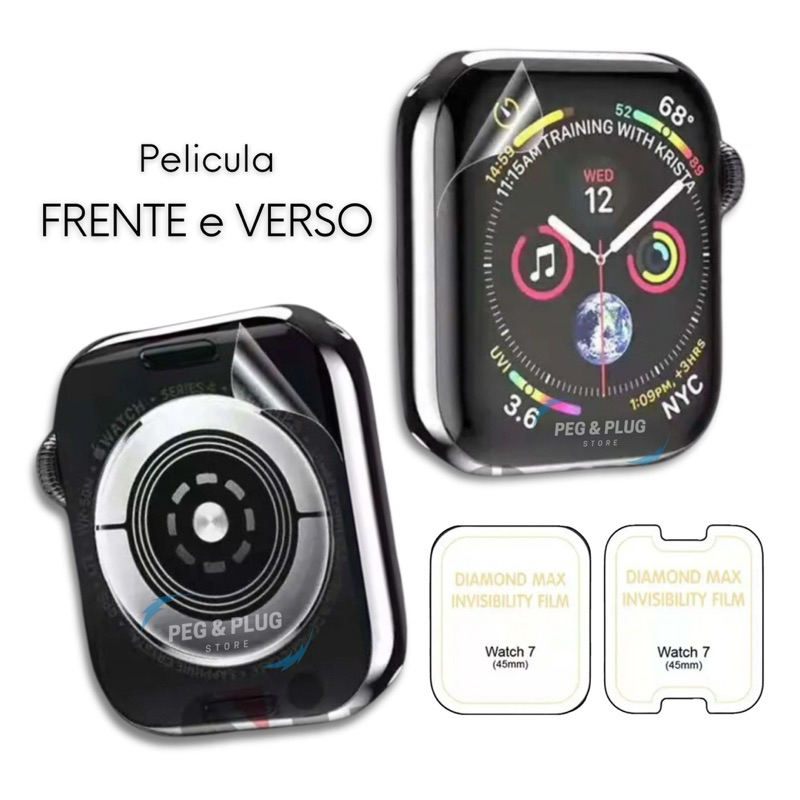 Kit Película Hidrogel FRENTE e VERSO p/ AppleWatch 2 3 4 5 6 7 SE 38 41 41 44 45 mm