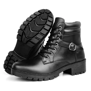 Bota Coturno Feminina Cano Baixo Cano Curto Tratorada Preto Salto Baixo Cadarço Fivela