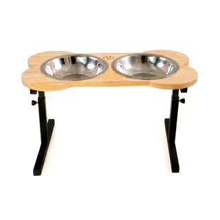 Comedouro Madeira elevado ajustável 2 vasilhas inox tam M pet cachorro e gato