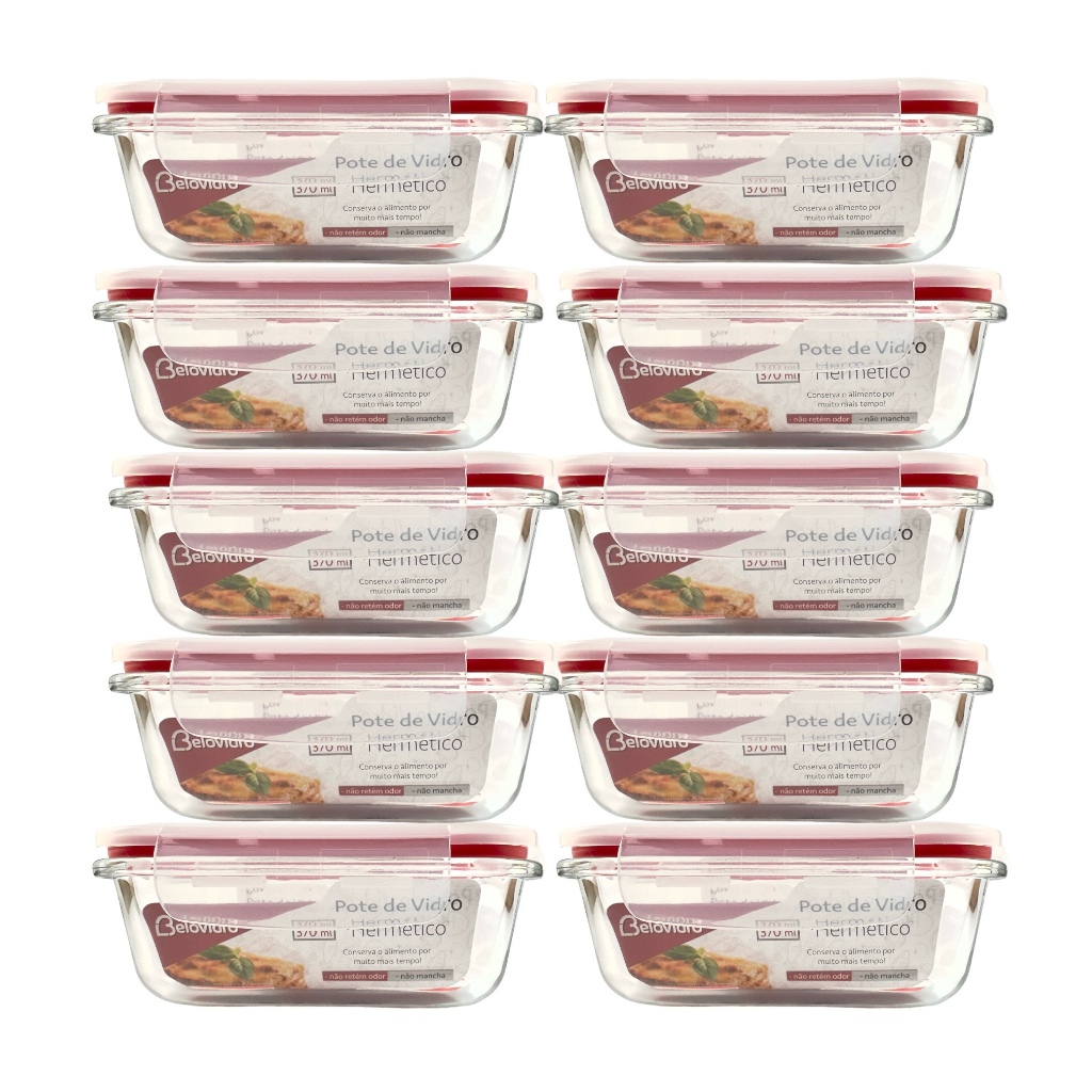 Conjunto 10 Potes Vidro Hermético mantimentos marmita 370ml