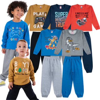 Kit 10 Peças 5 Conjunto Moletom Infantil Menino Roupa Inverno Gola Careca