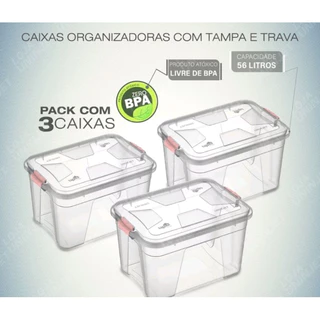 kit Com 3 Caixas Organizadora Com Travas 56 Litros Transparente Multiuso Doméstico Cozinha Ferramenta Brinquedo Roupas Documentos