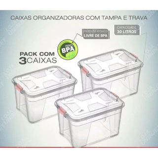 kit Com 3 Caixas Organizadora 30 Litros Com Travas Resistente Transparente Plástico Doméstico Multiuso Ferramentas Brinquedos