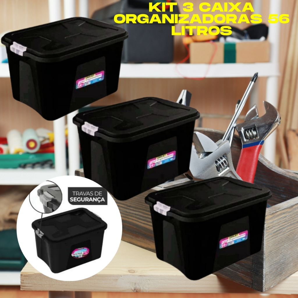 kit 3 Caixas Organizadora 56 Litros Resistente Grande Multiuso Doméstico Ferramentas Roupas Brinquedos Artesanal Com Travas