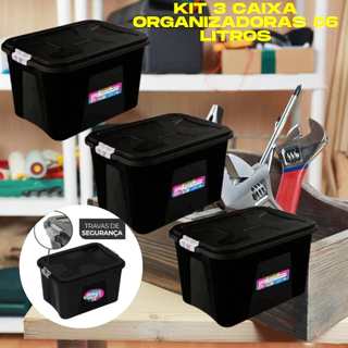 kit 3 Caixas Organizadora 56 Litros Resistente Grande Multiuso Doméstico Ferramentas Roupas Brinquedos Artesanal Com Travas