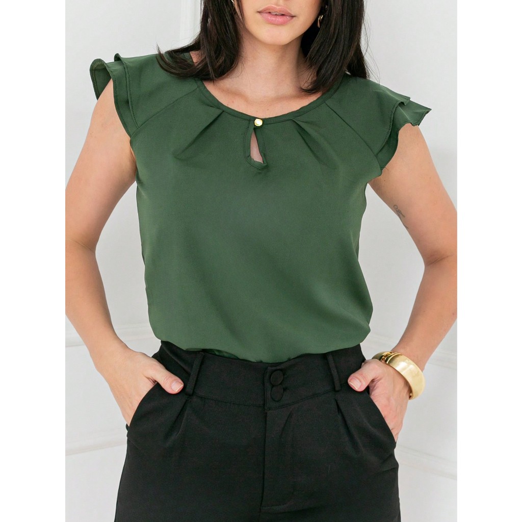 blusa 2 manga babado com botao moda feminina