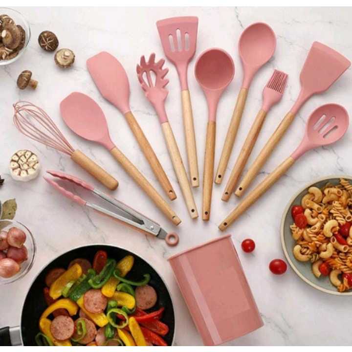 Kit Jogo 12 Peças Utensílios de Cozinha Silicone Colher Espátula kitchen  Livre de BPA Antiaderente com Suporte