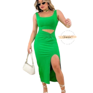Vestido Midi Feminino Com Fenda e Recorte Nó na Cintura Malha Canelada Moda Feminina Verão