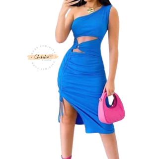 Vestido Feminino Curto Tubinho Canelado Com Recorte na Cintura Tendência Moda Verão
