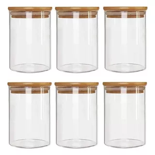 Kit com 6 Potes 600ml Hermético de Vidro Com Tampa De Bambu