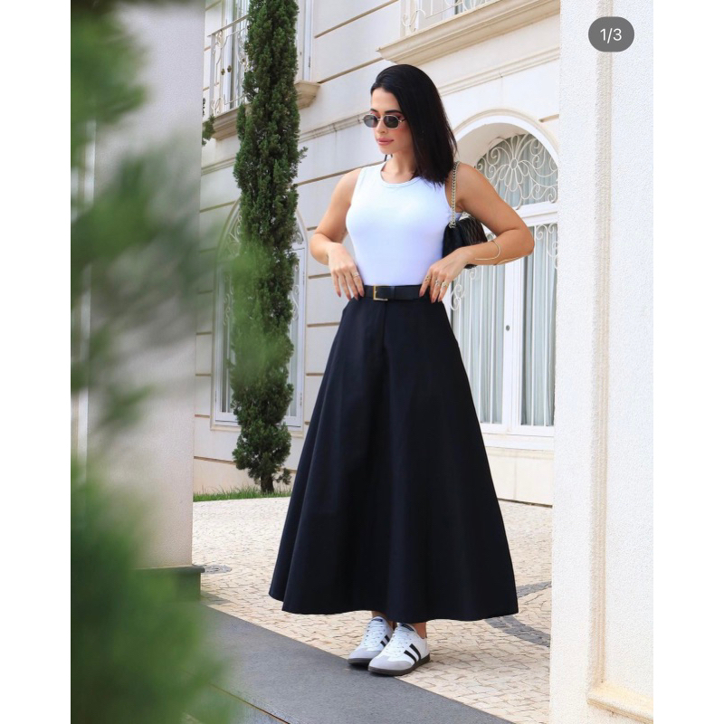 Saia Alfaiataria Longa Saia Rodada Cintura Alta