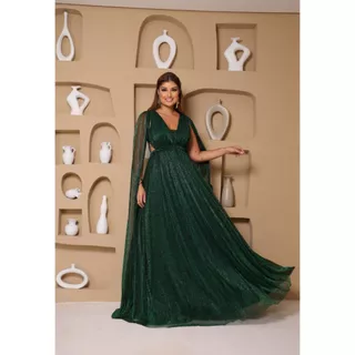 Vestido Longo de Festa Madrinhas Micro Tule Com Brilho Manga Longa Esvoaçante Jamya Verde Esmeralda