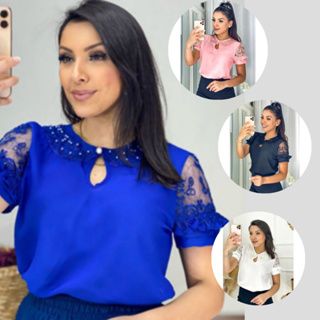 Blusa Feminina Com Manga Tule E Poá Tecido Crepe Gorgette