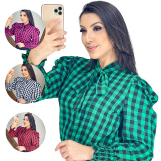 Blusa Feminina Evangelica Xadrez Duna Gola Laço