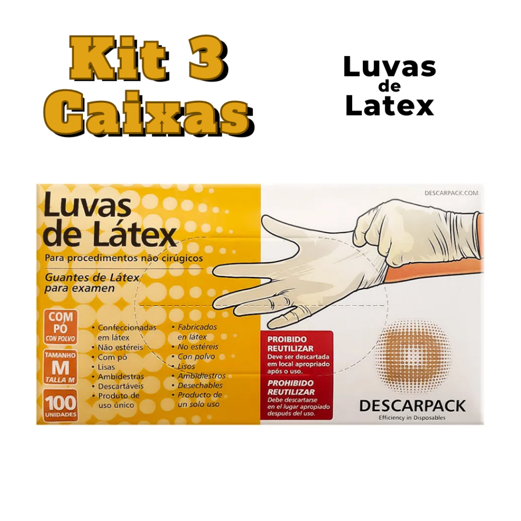 Conjunto 3 Caixas de Luvas de Látex para Procedimentos Descarpack - Tamanhos PP, P, M e G - Não Cirúrgicas com Talco - Luvas Descartáveis para Uso Médico, Testes e Consultórios - Luvas de Látex para Clínicas, Laboratórios e Odontologia