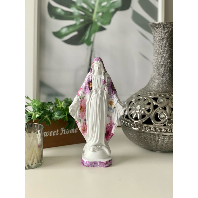 nossa senhora das graças 23 cm imagem flores lilás rosa gesso corpo branco