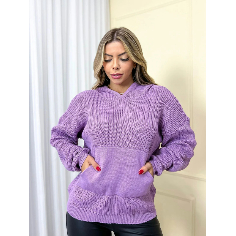 Trico blusa moletom tricot comcapuz e bolsos feminina novo 2026