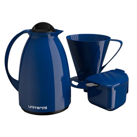 Kit café super pratico com garrafa térmica + açucareiro com colher + suporte para filtro unitermi varias cores