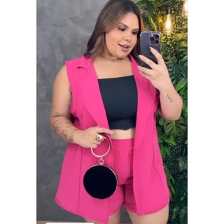 Conjunto Feminino Plus Size Colete Com Shorts Blazer Tecido Com Elastano