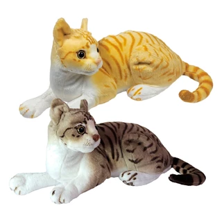 Gato De Pelúcia Deitado Realista 38Cms Brinquedo Decoração Pet Cinza Rajado Amarelo