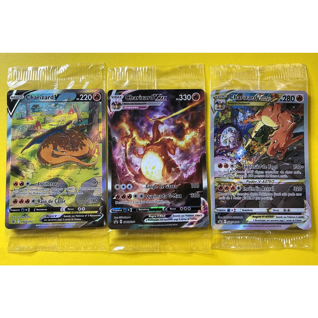 Cartas Charizard V, Vastro e Vmax da Box Ultra Premium Charizard ...