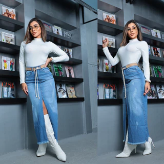 Saia midi Jeans com fenda e Cinto Moda Blogueira
