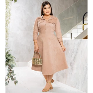 Vestido Evangélico de Inverno Rodado Botões Manga Longa Midi Suede BF