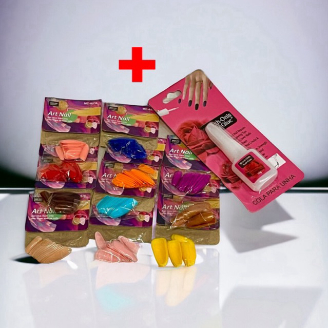 KIT 20/24 UNHAS POSTIÇAS + COLA Unha Quadrada ou Amendoada de Extensão ...